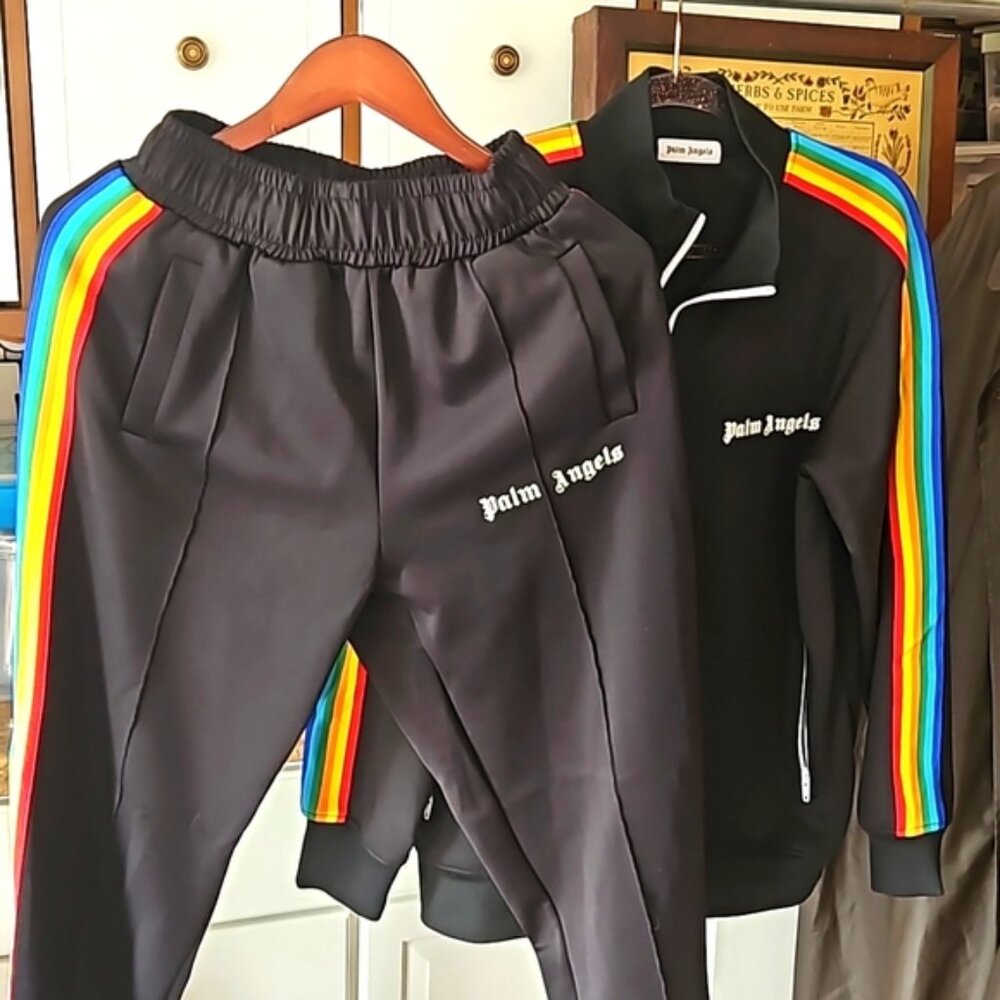 Palm Angels Black Track Suit with Rainbow Striping
